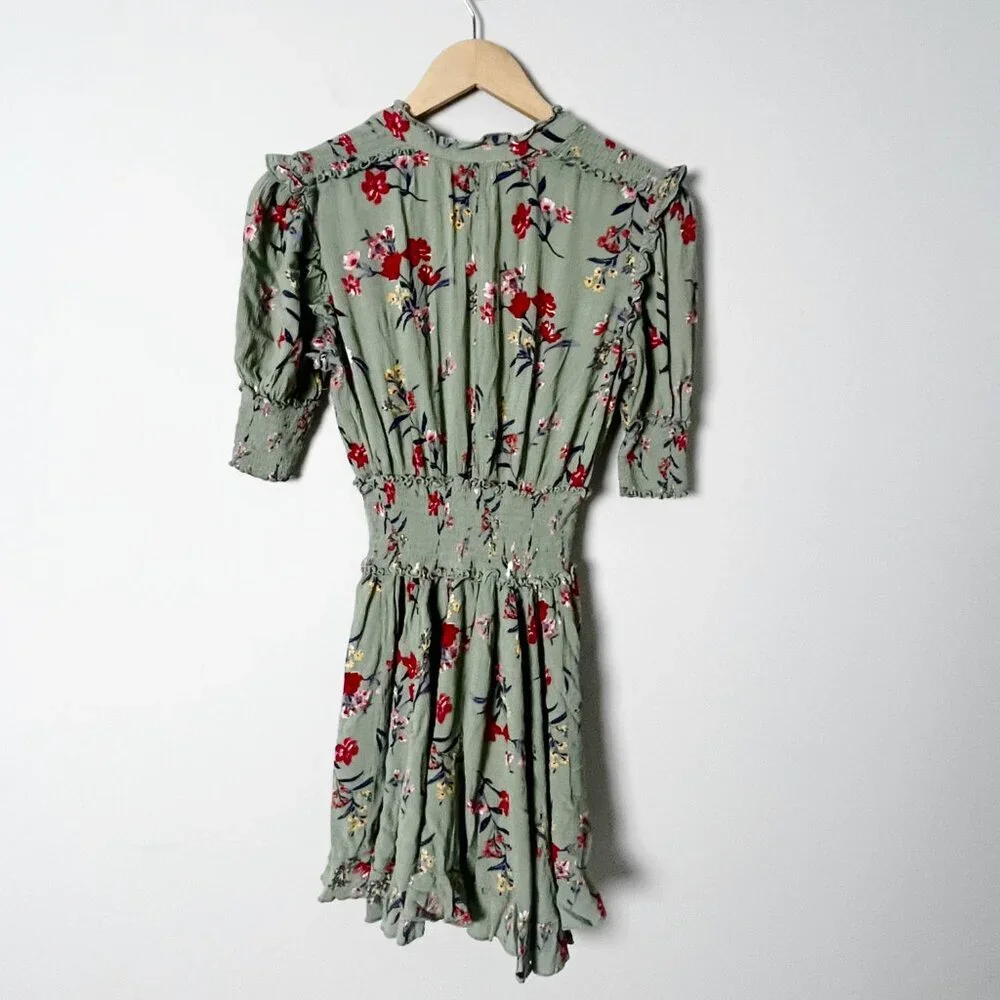 2/$30 Blue Rain Smocked Floral Green Peasant Dress Small